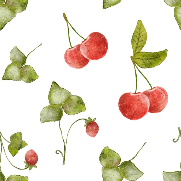 Υδατογραφία Berry Pattern Απρόσκοπτο Σχέδιο Κεράσια Και Άγριες Φράουλες Άνοιξη — Φωτογραφία Αρχείου