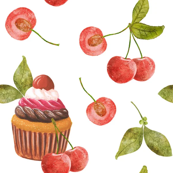 Sömlöst Mönster Med Muffins Och Körsbär Akvarell Körsbär Och Choklad — Stockfoto