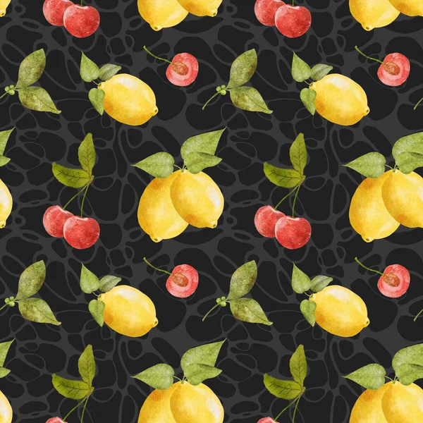 Бесшовный Лимонный Вишневый Узор Акварельная Иллюстрация Вишни Лимонных Фруктов Ягод — стоковое фото