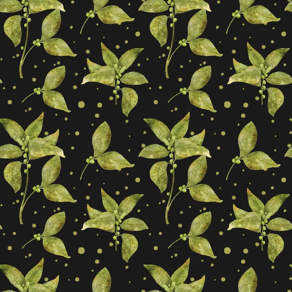 Zöldség Zökkenőmentes Akvarell Minta Zöld Ágakkal Bogyókkal Növényzet Természet Fényes — Stock Fotó