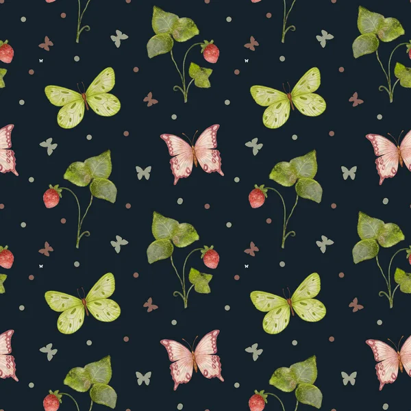 Vlinders Wilde Aardbeien Aquarel Naadloos Patroon Met Wilde Aardbeien Vlinders — Stockfoto