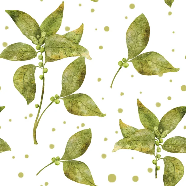 Зеленый Бесшовный Акварельный Узор Зелеными Ветками Ягодами Растительность Природа Яркий — стоковое фото
