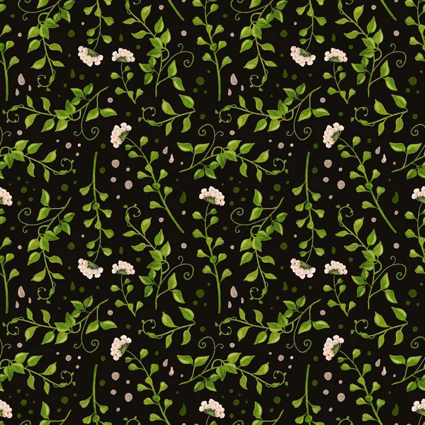Verdura Padrão Aquarela Sem Costura Com Ramos Verdes Flores Brancas — Fotografia de Stock
