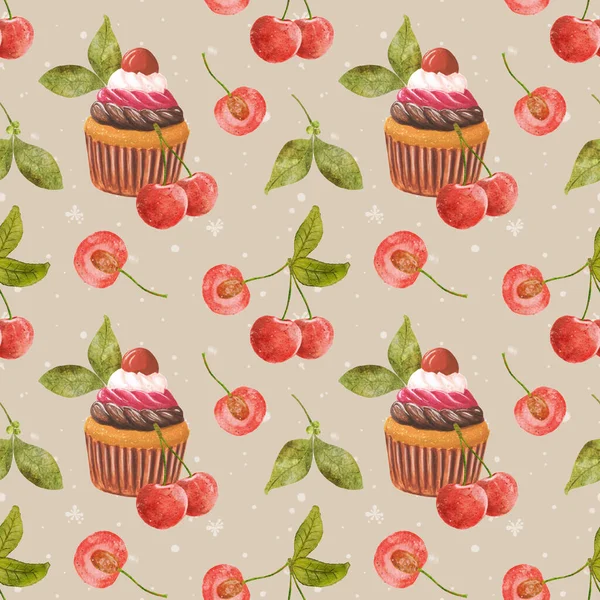 Nahtloses Muster Mit Cupcake Und Kirschen Aquarell Kirschbeeren Und Schokoladencremetorte — Stockfoto