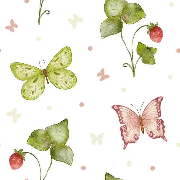 Motyle Truskawki Wzór Bezszwowy Akwarela Dzikimi Truskawkami Motylami Dzika Przyroda — Zdjęcie stockowe