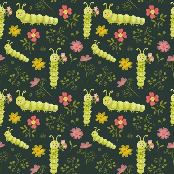 Vidám Zöld Hernyó Virágok Gyerekes Illusztráció Zökkenőmentes Minta Pillangó Lárvával — Stock Fotó