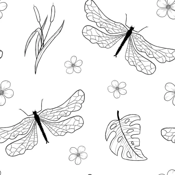 Nahtloses Muster Mit Libellen Linienzeichnung Illustration Von Libellen Blättern Und — Stockfoto