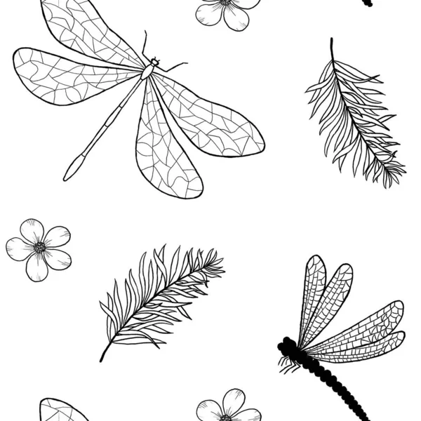 Płynny Wzór Ważkami Rysunek Linii Ilustracja Ważki Liście Kwiaty — Zdjęcie stockowe