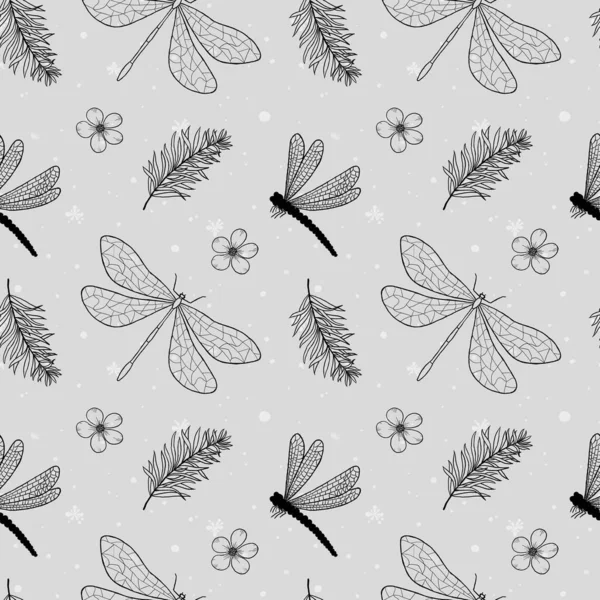 Bezproblémový Vzor Vážkami Čára Ilustrace Vážky Listů Květin — Stock fotografie