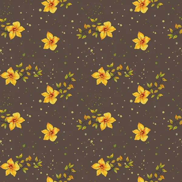 水彩花秋天无缝图案 褐色背景上的黄色明亮花朵 — 图库照片