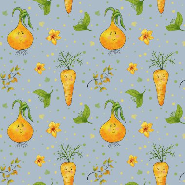 Suluboya, bitkisel, dikişsiz desen. Havuçlu, soğanlı ve yeşillikli bir resim. Çizgi film tarzında resimleme
