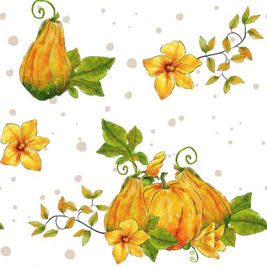 Balkabağı ve çiçeklerle suluboya sonbahar deseni. Şükran Günü için sonbahar balkabağı tasarımı. Balkabağı çiçekleri, yapraklar ve dallar