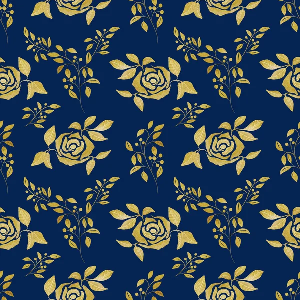 Watercolor seamless pattern with golden roses. Vintage golden roses. Hand drawn. Roses on a dark blue background