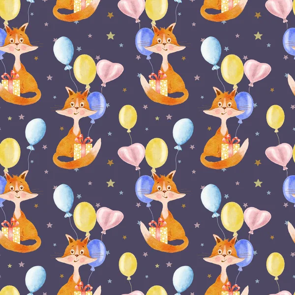 Watercolor seamless pattern with Fox. Red cheerful fox with balloons. Design for wrapping paper, greetings and textiles