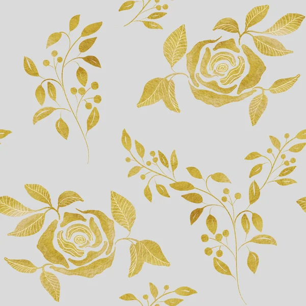 Watercolor seamless pattern with golden roses. Vintage golden roses. Hand drawn.