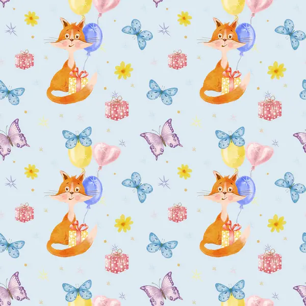 Watercolor seamless pattern with Fox and Butterflies. Red cheerful fox with balloons butterflies and gifts. Design for wrapping paper, greetings and textiles