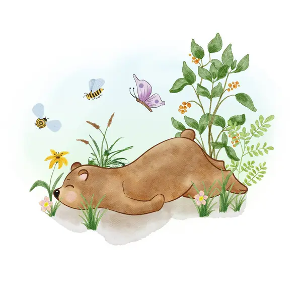 Watercolor bear. Illustration for children. Sleeping Bear on a meadow with flowers and butterflies. Hand drawing