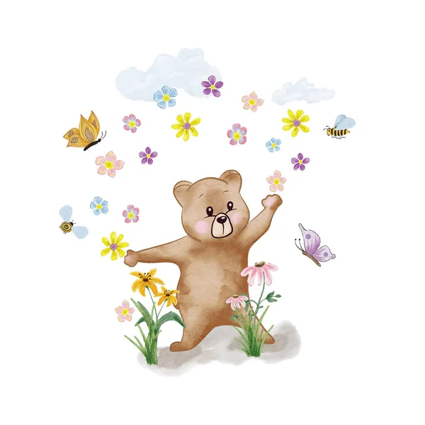 Watercolor bear. Illustration for children. Playful Bear on a meadow with flowers and butterflies. Hand drawing