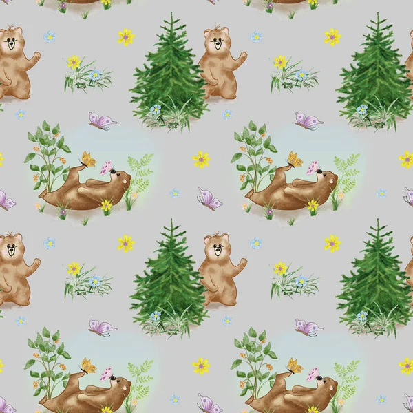 Cute seamless pattern with a teddy bear in the forest near a Christmas tree. Childrens pattern with a playful bear with flowers and a butterfly