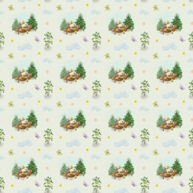 Ormanda Noel ağacının yanında oyuncak ayıyla şirin, pürüzsüz bir desen. Oyuncak ayılı, çiçekli ve kelebekli çocuklar.