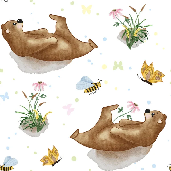 Cute seamless pattern with a teddy bear on a meadow with flowers. Childrens pattern with a playful bear with a bee and a butterfly