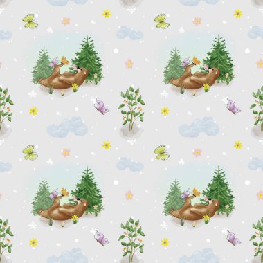 Ormanda Noel ağacının yanında oyuncak ayıyla şirin, pürüzsüz bir desen. Oyuncak ayılı, çiçekli ve kelebekli çocuklar.