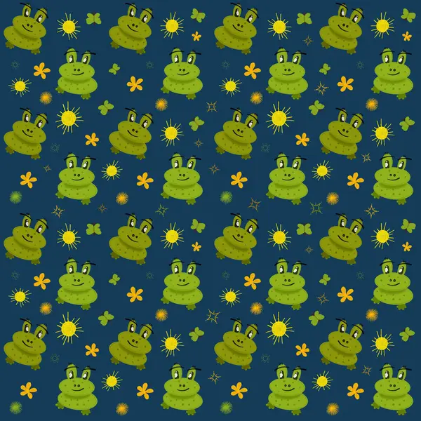 Frog pattern. Watercolor seamless pattern with green funny frogs. Frogs with sun, butterfly and flowers