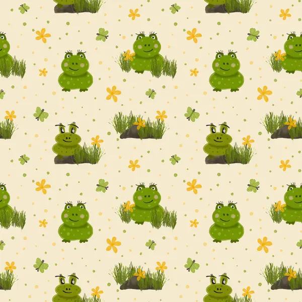 Frog pattern. Watercolor seamless pattern with green funny frogs. A frog sits on a stone in the grass. The sun, flowers and a butterfly