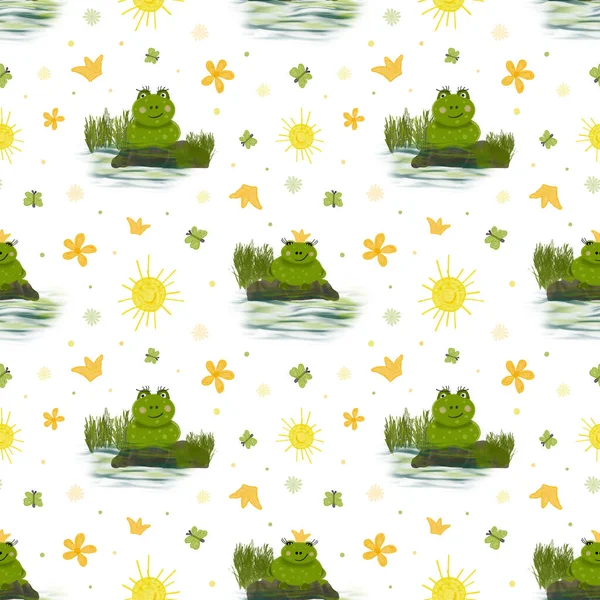 Frog pattern. Watercolor seamless pattern with green funny frogs. A frog with a crown. Frog sitting on a stone in the water. The sun, flowers and a butterfly