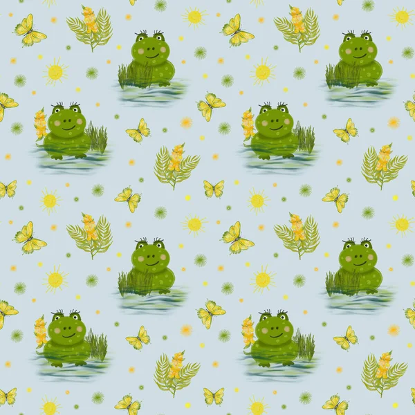 Fun frog in the swamp. Seamless pattern with a frog in water and flowers. A butterfly with a frog. Childrens pattern for textiles, stationery and nurseries