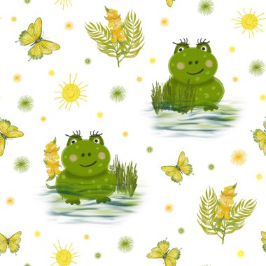 Bataklıkta eğlence kurbağası. Suda ve çiçeklerde kurbağa olan kusursuz bir desen. Kurbağalı bir kelebek. Tekstil, kırtasiye ve kreş için çocuk desenleri