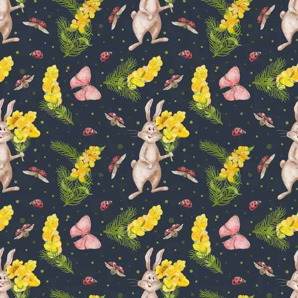 Seamless pattern with rabbit and flowers. Festive pattern with a bunny and a bouquet of flowers, butterflies and ladybugs. Bright yellow flowers and a cheerful rabbit
