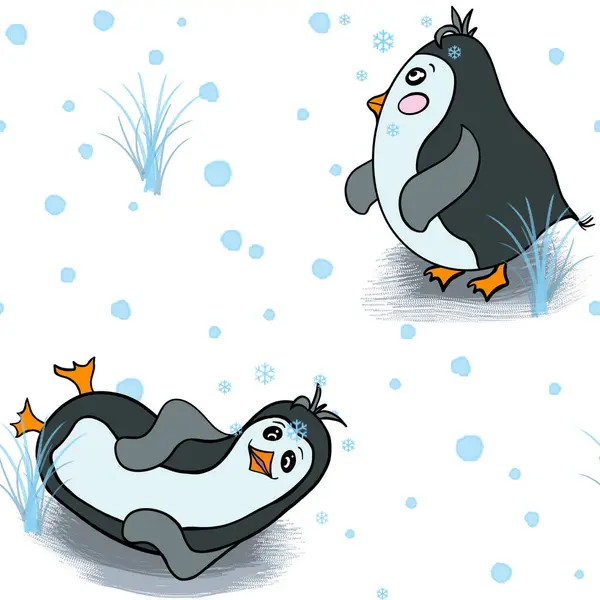 Funny penguins. Seamless pattern with funny penguins. Little chubby fat character penguins. Design for gift, textile, winter holidays, wrapping paper.
