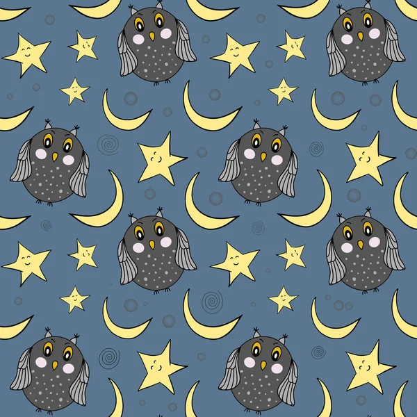 Owl pattern. Seamless pattern with gray funny owl. Moon, stars and owls. Design for childrens room, textiles, clothes, stationery, scrapbooking