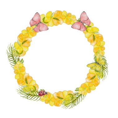 Sarı çiçek çelengi. Kelebekli ve uğur böcekli suluboya çelenk çerçevesi. Selamlama, davet, poster, kartpostal, pankart için boş şablon