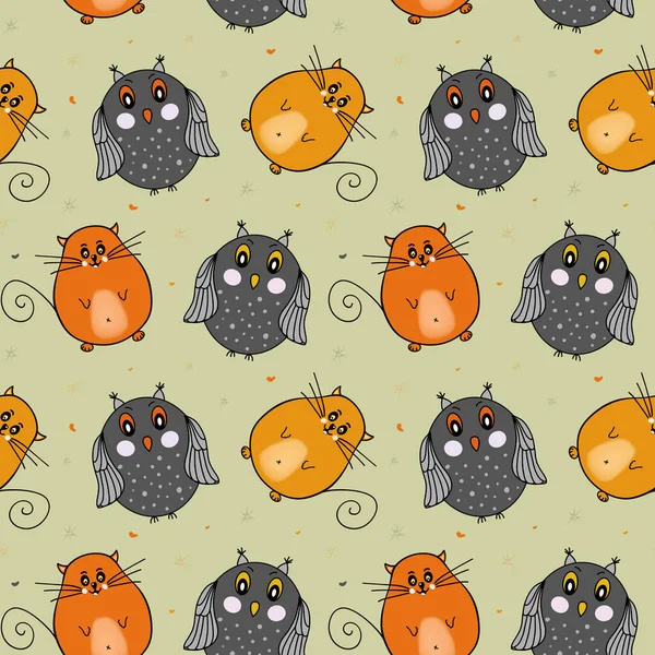 Seamless pattern with cute owls and cats. Red fat cat. Design for childrens products