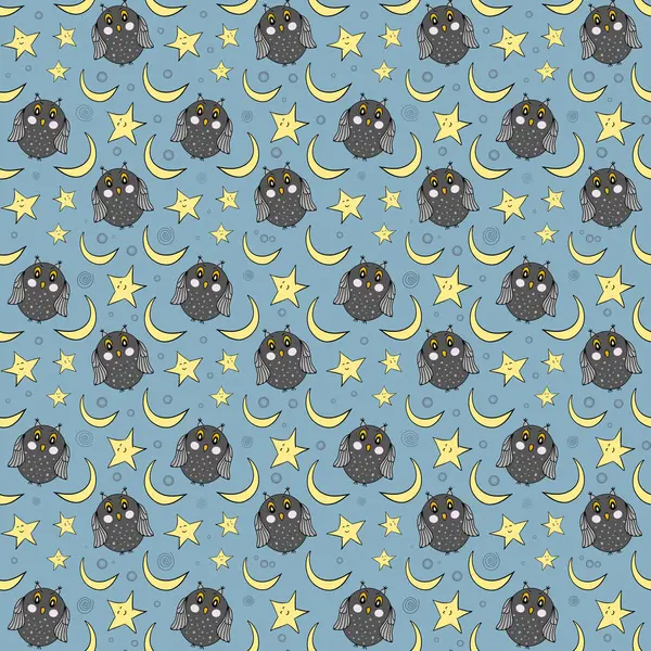 Owl pattern. Seamless pattern with gray funny owl. Moon, stars and owls. Design for childrens room, textiles, clothes, stationery, scrapbooking