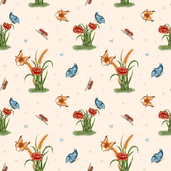 A bouquet of wheat and poppies. Seamless watercolor pattern with red poppy flowers and ears of wheat. Wildflowers, butterflies and ladybugs