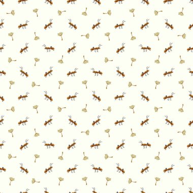 Karınca. Karınca ve karahindiba ile kusursuz desen. Böcekler, hayvanlar. Paketleme, tekstil, kırtasiye ve yapıştırma kitabı için