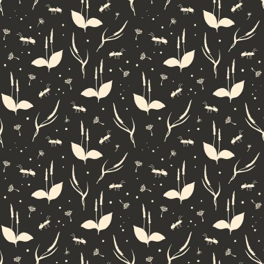 Karınca ve muz. Böcek, karahindiba ve muz siluetleriyle kusursuz desen. Paketleme, tekstil, kırtasiye ve yapıştırma kitabı için