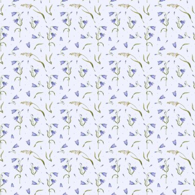 Çan çiçekleri. Vahşi çiçekler, kusursuz desenler. Mavi yabani çiçekler. Tekstil ve kağıt tasarımı