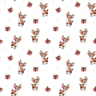Noel suluboya deseni. Geyik ve kırmızı hediye kutusu olan kusursuz bir Noel deseni.
