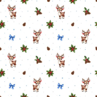 Noel suluboya deseni. Sevimli geyik yavrusu, kutsal yapraklar, kozalak ve Noel mavisi yayıyla kusursuz bir Noel deseni.