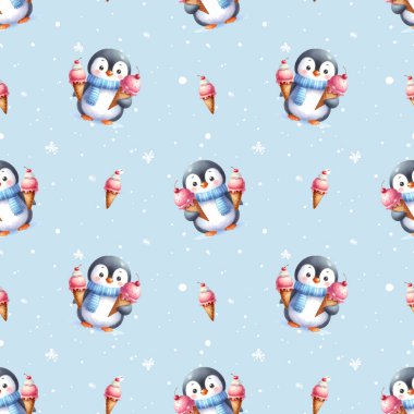 Dondurmalı komik penguen. Çizgi film kutup pengueniyle kusursuz desen. Vahşi kuşlar, hayvanlar, tatlılar. Çocuk eşyaları için tasarım