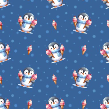 Dondurmalı komik penguen. Çizgi film kutup pengueniyle kusursuz desen. Vahşi kuşlar, hayvanlar, tatlılar. Çocuk eşyaları için tasarım