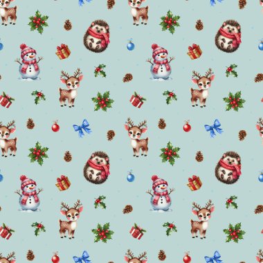 Noel suluboya deseni. Neşeli kardan adam, geyik ve kirpi desenli kusursuz bir Noel deseni. Çocuklar için şirin tasarım.