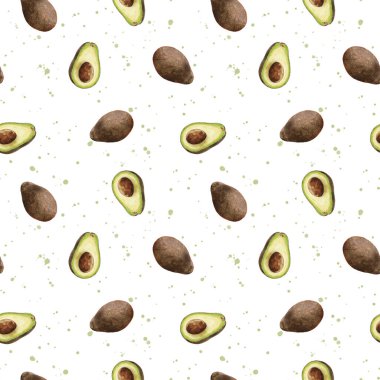 Suluboya avokado, arka plan. Suluboya avokado deseni. Meyve, sebze. Kahverengi, olgun bir avokadonun yarısı ve bir taş. Yiyecek ambalajı, kırtasiye ve duvar kağıdı için tasarım