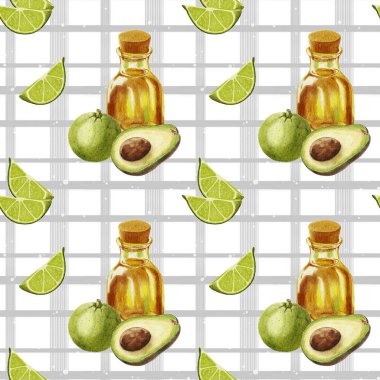 Suluboya avokado deseni. Avokado ve limonlu kusursuz desen ve örgü arka planında bir şişe yağ. Bir dilim limon ve bir taşla yarım avokado. Yiyecek ambalajı için tasarım