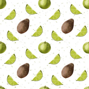 Suluboya avokado deseni. Kahverengi Haass avokado ve limonlu turunçgil desenli. Limon dilimi. Gıda ambalajı, menü tasarımı ve kırtasiye malzemeleri için tasarım. Noktalı beyaz bir arkaplanda avokado