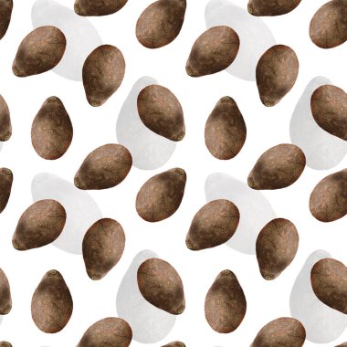 Suluboya avokado deseni. Kahverengi Haass avokado ile kusursuz desen. Gıda ambalajı, menü tasarımı ve kırtasiye malzemeleri için tasarım. Örgü arkaplanındaki avokado